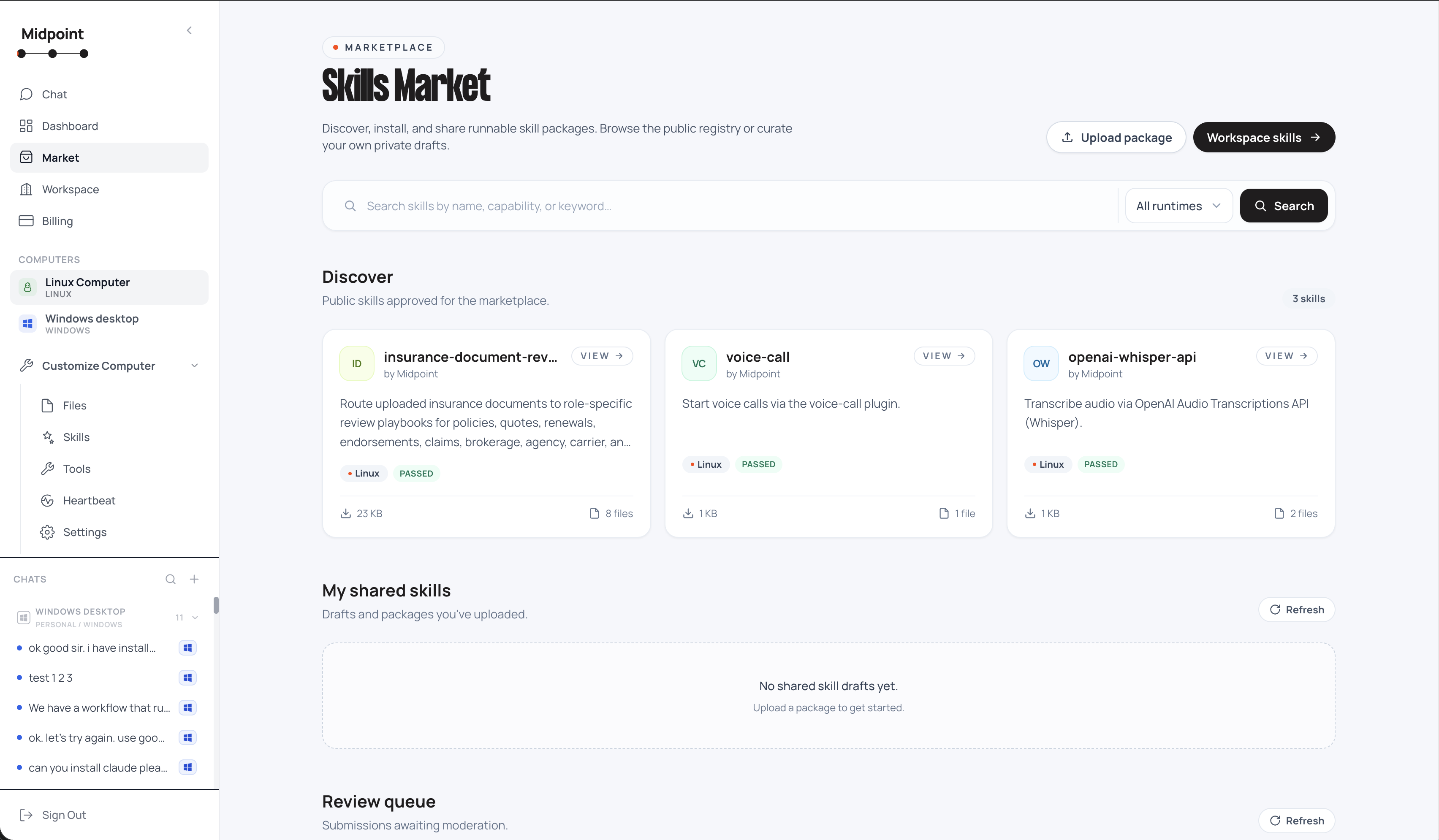 Midpoint skills marketplace product screen